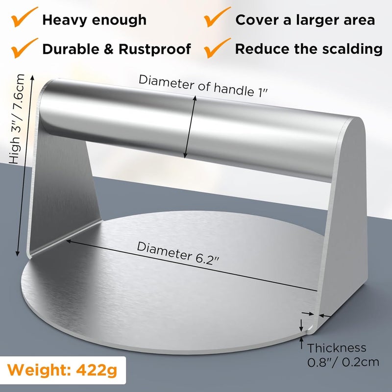 Stainless Steel Burger Press, 6.2 Inch Round Smasher, Non-Stick Smooth Hamburger Press Flat Bottom Without Ridges, Bacon Grill Perfect for Top Griddle Cooking… - Image 3