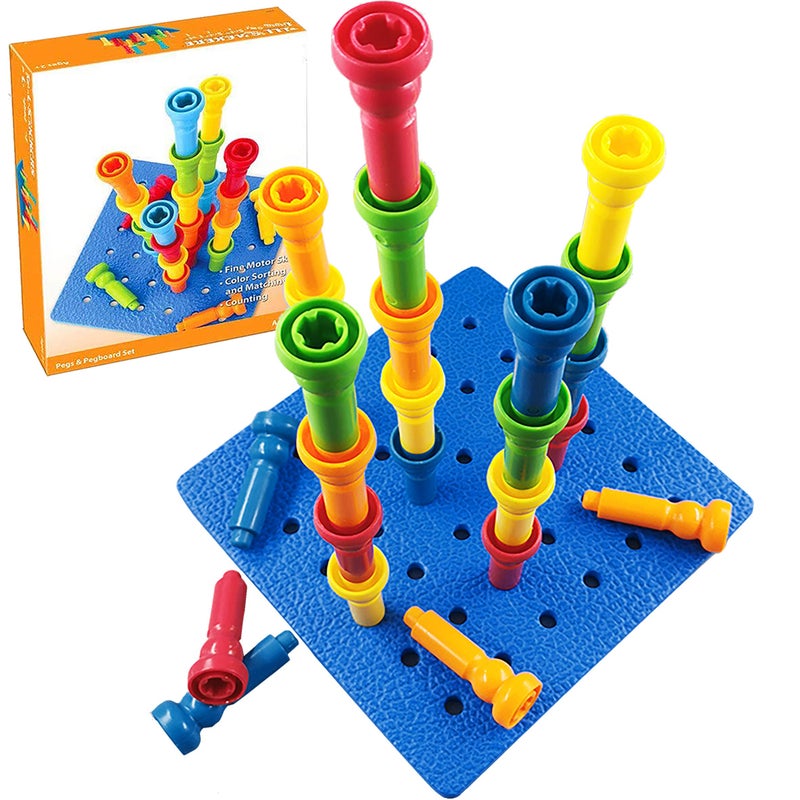 VIPAMZ Peg Board Set Toys-Montessori Occupational Therapy Fine Motor Skills Toy, Suitable for Toddlers and Preschoolers Over 3+ Year Old. 25 Tall-Stacker Pegs Rubber 8" Pegboard - Image 1