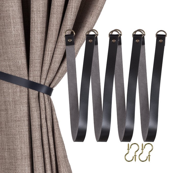 BLACK LEATHER CURTAIN TIE BACKS OUTDOOR DRAPERY HOLDER HOLDBACKS TIEBACKS WITH WALL HOOKS SET OF 2
