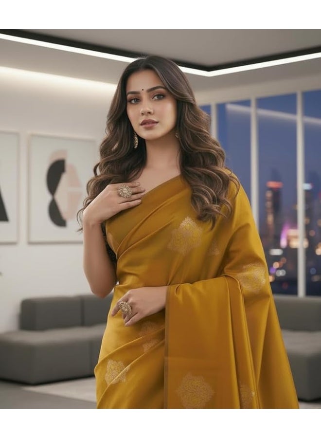 YASHIKA ساري نسائي من ياشيكا، مصنوع من حرير بناراسي منسوج بنقوش زهرية، مزين بحواف وذيل مزخرفين، زي تقليدي | أصفر - Image 3