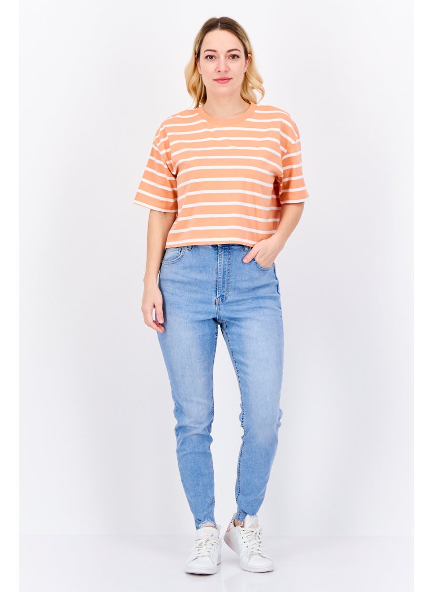 Lefties Women Crew Neck Stripes Short Sleeves Cropped Top, Orange  - Image 2