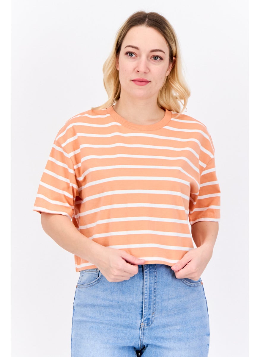 Lefties Women Crew Neck Stripes Short Sleeves Cropped Top, Orange  - Image 1