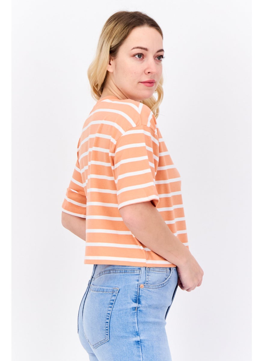 Lefties Women Crew Neck Stripes Short Sleeves Cropped Top, Orange  - Image 3