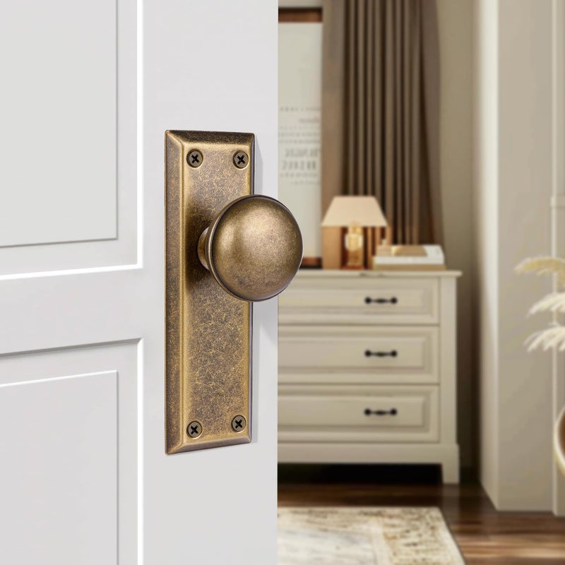 newliplace 2 Pack Single Sided Old Style Dummy Door Knobs Interior, Vintage Antique Brass Long Plate Dummy Door Handles - Image 2