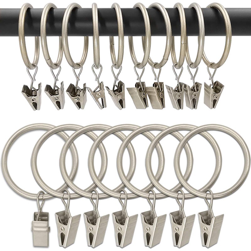 AMZSEVEN 100 Pack Metal Curtain Rings with Clips Drapery Clips Hooks Decorative Curtain Rod Clips 15 in Interior Diameter Matte Silver