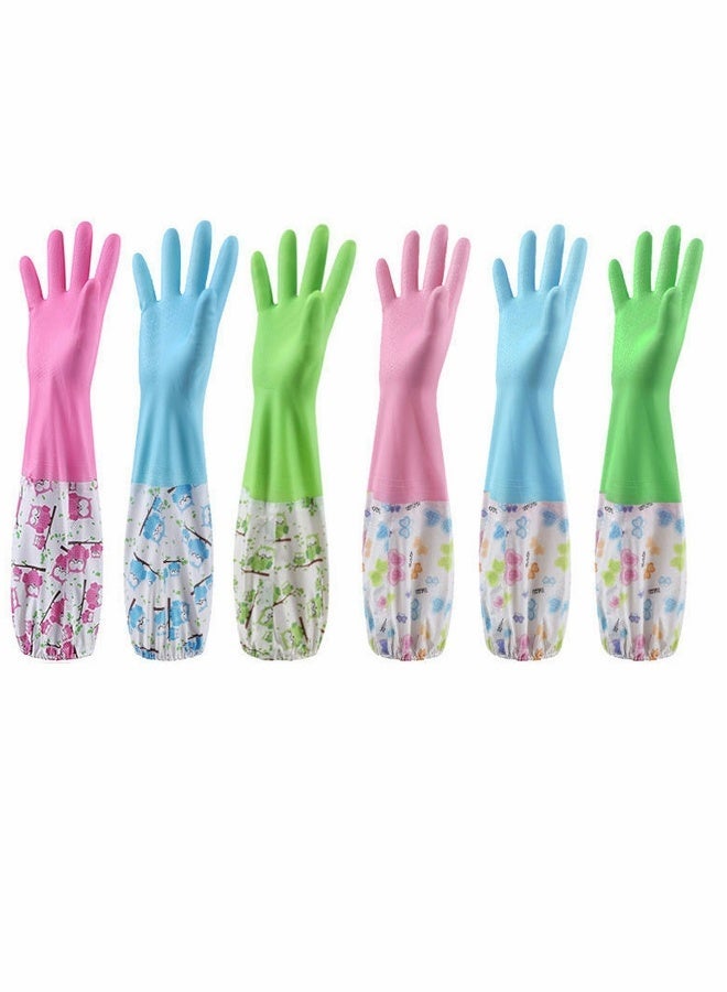 2 PCS Rubber Gloves | Dishwashing Gloves Non Slip Household Kitchen Cleaning Rubber Gloves with Lining for Women   Long Arm   One Size – 【Color】 and 【Pattern】 Sent Randomly