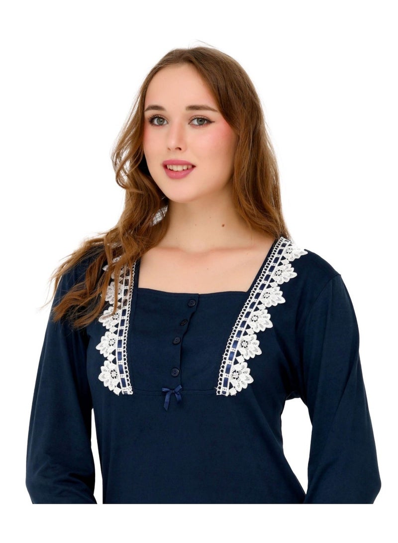 Dadoush Women Long Nightgown, Elegant Design with White Lace - Comfortable Maxi Abaya Summer Long Sleeve - Embroidered Long Dress with Wide Sleeves - Home Wear for Women - Image 4