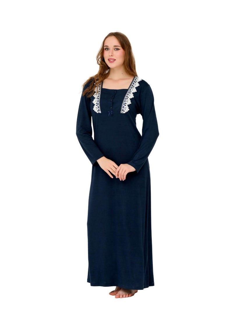 Dadoush Women Long Nightgown, Elegant Design with White Lace - Comfortable Maxi Abaya Summer Long Sleeve - Embroidered Long Dress with Wide Sleeves - Home Wear for Women - Image 1