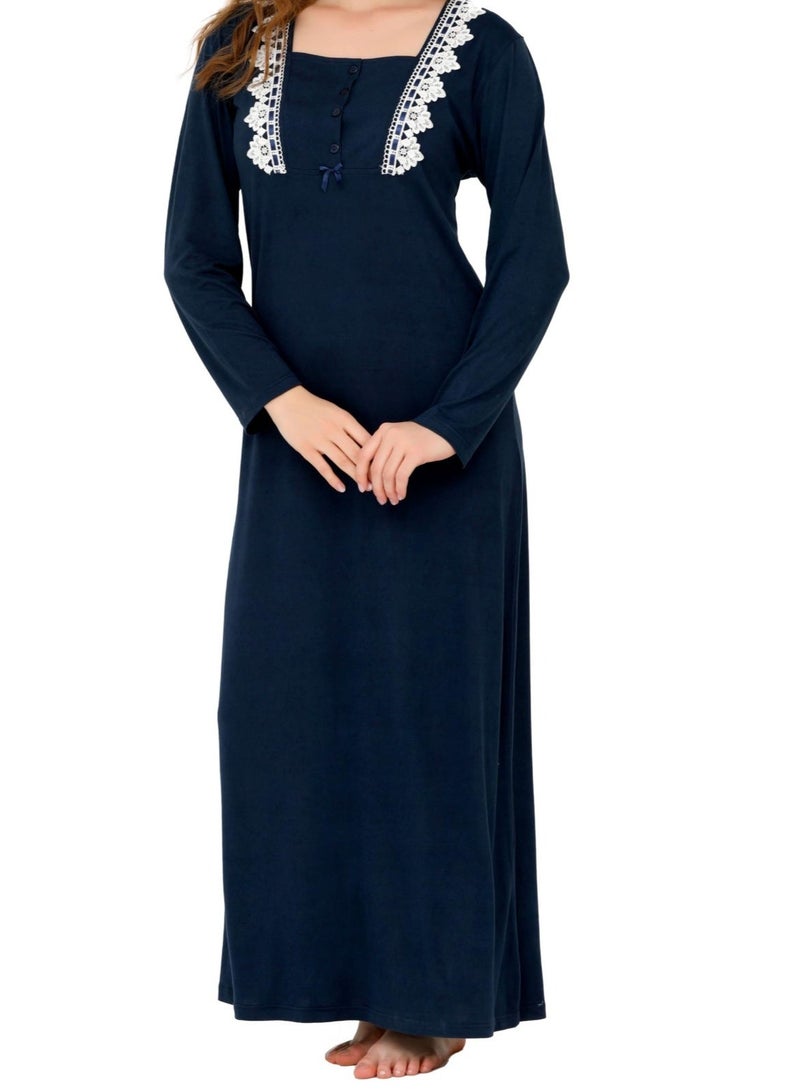 Dadoush Women Long Nightgown, Elegant Design with White Lace - Comfortable Maxi Abaya Summer Long Sleeve - Embroidered Long Dress with Wide Sleeves - Home Wear for Women - Image 5
