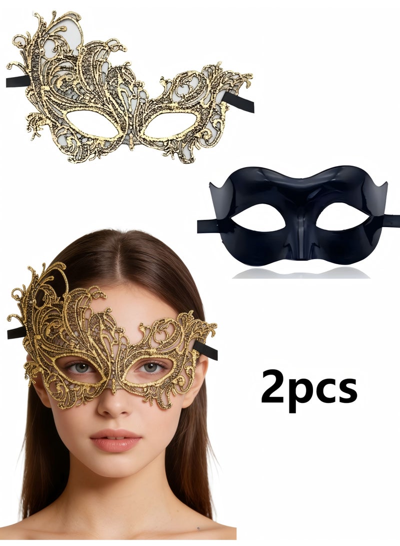 Masquerade Mask for Couples, Mardi Gras Venetian Side flower Mask, Ball Masks, Metal Prom Women Men (2 PCS) - Image 1