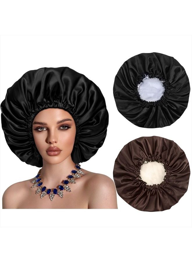 Cospack Satin Bonnet Silk Hair Cap: 2pcs Double Layer Reversible Extra Large Jumbo Adjustable Satin Lined Stainless Oversized Bonnets Sleep Night Cap No Slip-Off for Women Braids Sleeping (Black+Coffee) - Image 1