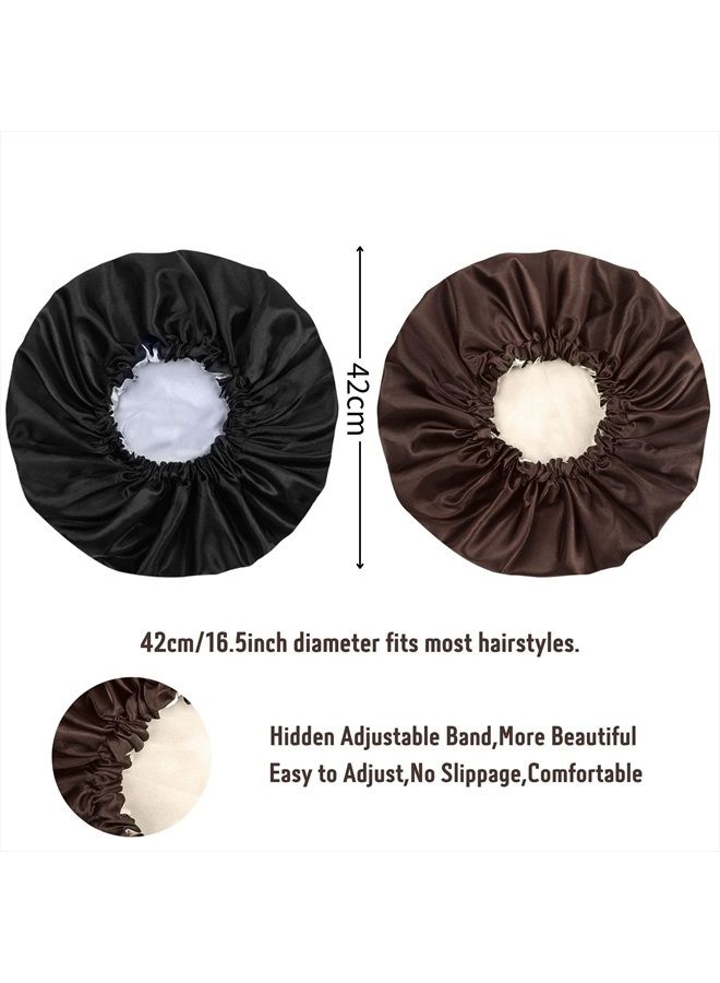 Cospack Satin Bonnet Silk Hair Cap: 2pcs Double Layer Reversible Extra Large Jumbo Adjustable Satin Lined Stainless Oversized Bonnets Sleep Night Cap No Slip-Off for Women Braids Sleeping (Black+Coffee) - Image 3