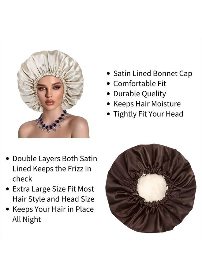 Cospack Satin Bonnet Silk Hair Cap: 2pcs Double Layer Reversible Extra Large Jumbo Adjustable Satin Lined Stainless Oversized Bonnets Sleep Night Cap No Slip-Off for Women Braids Sleeping (Black+Coffee) - Image 5