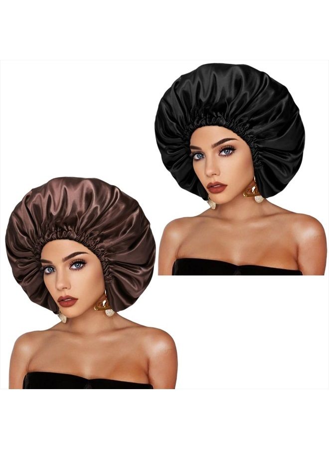 Cospack Satin Bonnet Silk Hair Cap: 2pcs Double Layer Reversible Extra Large Jumbo Adjustable Satin Lined Stainless Oversized Bonnets Sleep Night Cap No Slip-Off for Women Braids Sleeping (Black+Coffee) - Image 2