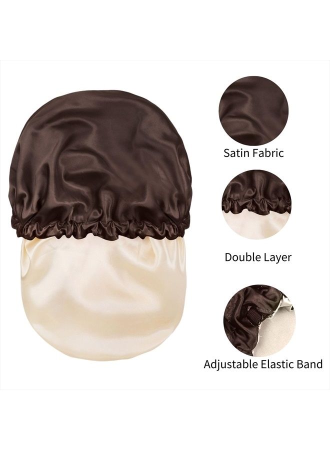Cospack Satin Bonnet Silk Hair Cap: 2pcs Double Layer Reversible Extra Large Jumbo Adjustable Satin Lined Stainless Oversized Bonnets Sleep Night Cap No Slip-Off for Women Braids Sleeping (Black+Coffee) - Image 4