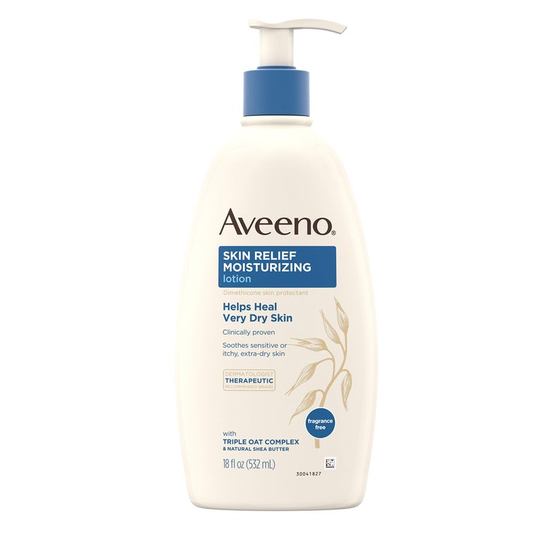 Aveeno Skin Relief Fragrance-Free Moisturizing Lotion for Sensitive Skin, with Natural Shea Butter & Triple Oat Complex, Unscented Therapeutic Body Lotion for Itchy, Extra-Dry Skin, 18 fl. oz - Image 1