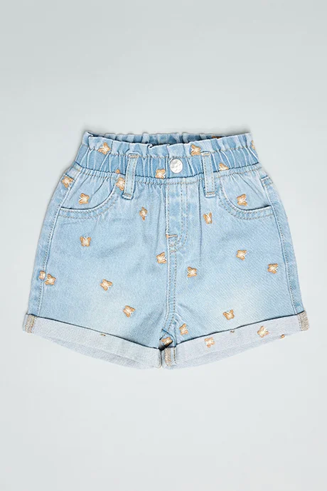 R&B Embroidered Denim Shorts with Button Closure