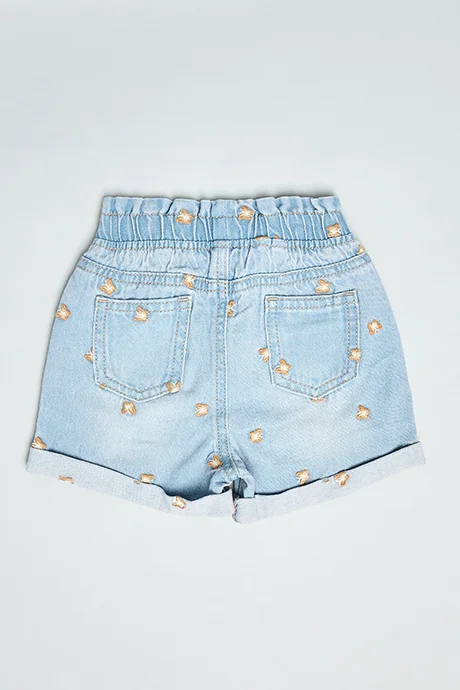 R&B Embroidered Denim Shorts with Button Closure