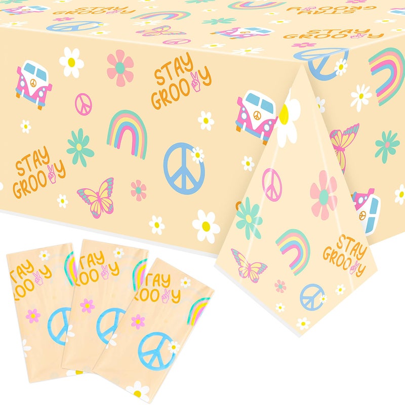 ANGOLIO 3Pcs Groovy Retro Hippie Tablecloth Boho Rainbow Disposable Table Cover Plastic Rectangle Waterproof Rainbow Party Table Covers Birthday Party Supplies for Decorations