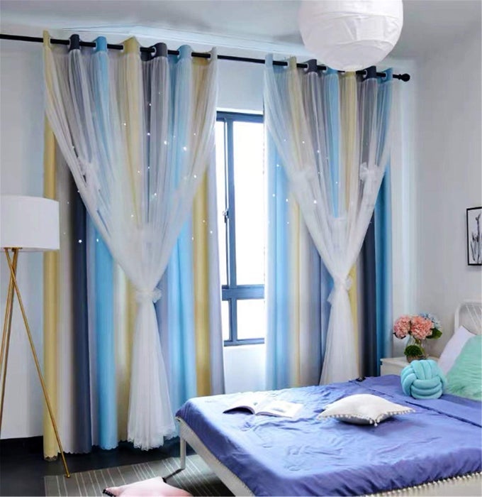 CURTAINS FOR GIRLS BEDROOM KIDS ROOM CURTAIN COLORFUL WINDOW NURSERY CURTAIN 63 INCHES LENGTH ROOM DARKENING GROMMET 2 LAYERS GRAY BLUE W52 X L63