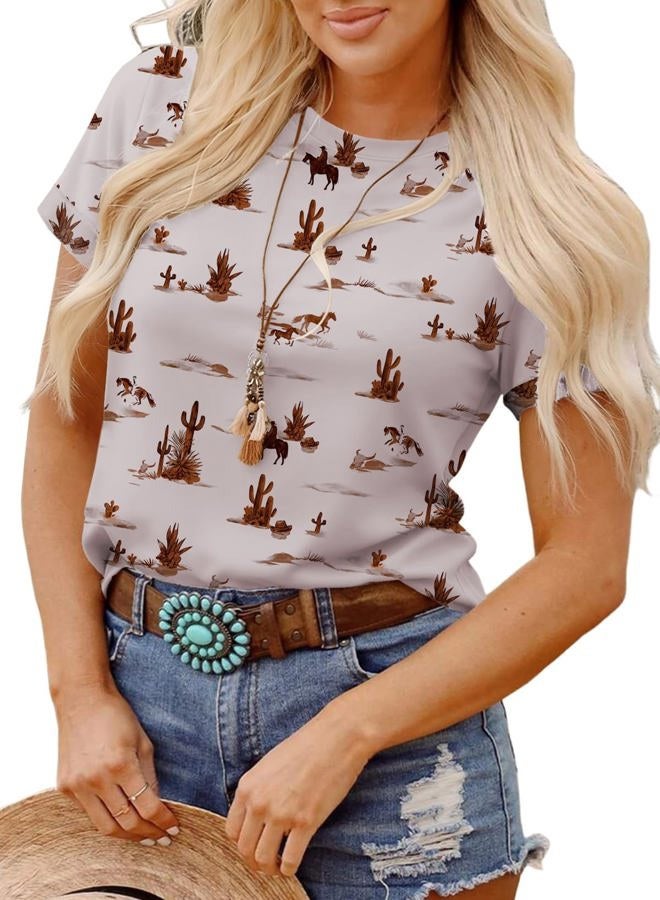 Shein Womens Summer Tops Short Sleeve T-Shirts Western Graphic Crew Neck Casual Cute Tees 2026 Clothes, A Grey, S - Image 1