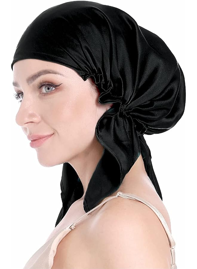 Zaboon Sleep Cap Silk Bonnet For Sleeping Hair Bonnet With Tie Band 100% Silk Sleep Cap For Curly Hair Silk Hair Wrap For Hair Care Black - Image 1
