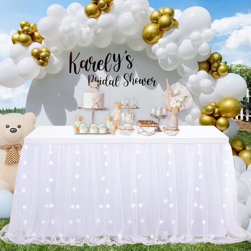 9FT Table Skirt for Baby Shower Tulle White Table Skirt with LED Wedding Birthday Party Table Decortaions