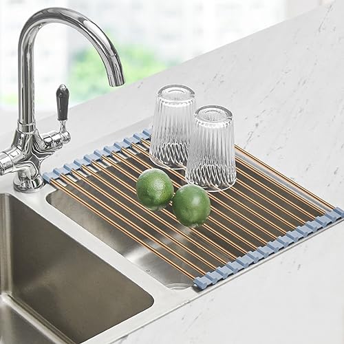 Seropy Roll Up Dish Drying Rack Over The Sink Drying Rack for Kitchen Counter Rolling Dish Rack Over Sink Mat Foldable Dish Drainer Stainless Steel Rack Kitchen Organization Gold 175x118