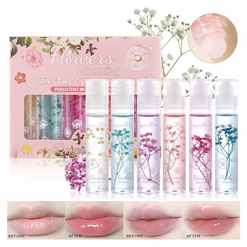 Petansy Flower Jelly Lip Oil Set 6 Packs Moisturizer Long Lasting Roll On Lip Gloss Set with Real Flowers Glossy Lip Makeup for Dry and Chapped Lips