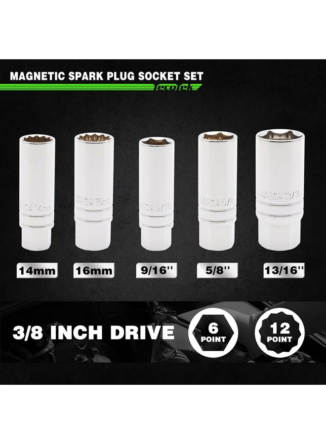 TecoTek 5 Piece 3/8-Inch Drive Magnetic Spark Plug Socket Set, Includes 14mm, 16mm Thin Wall Sockets and 9/16-inch, 5/8-inch, 13/16-inch Sockets, 6-Point and 12-Point, CR-V, Enhanced Magnetic Design - Image 2