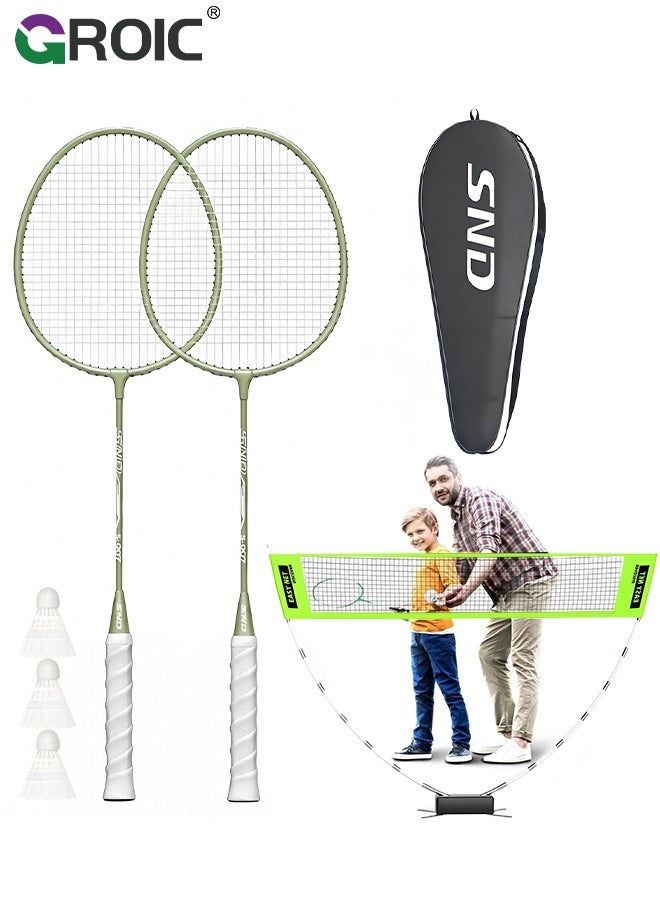 GROIC Badminton Set with Net, 2.7m Wide 1.5m High Portable Net and 2 Lightweight Racquets, All-in-One Outdoor and Indoor Game for Backyard Park Family Play, Badminton Rackets Set with Badminton Net - Green - Image 1