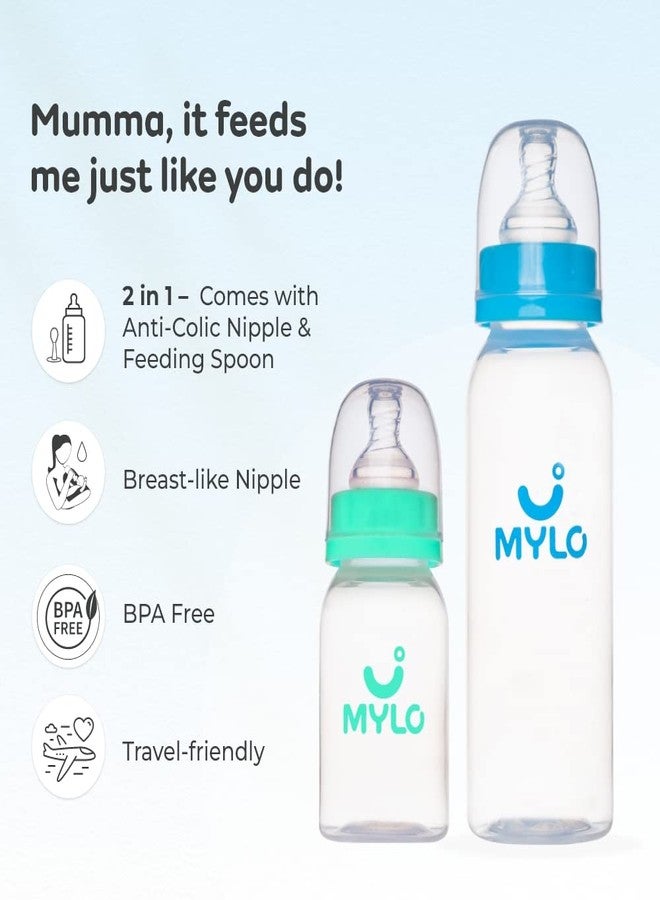 Mylo Baby Feeding Bottle (125ml + 250ml) for New Born Baby | Anti Colic & BPA Free Feeding Bottles | Feels Natural Baby Bottle | Easy Flow Neck Design- Sea Green + Sky Blue - Image 2
