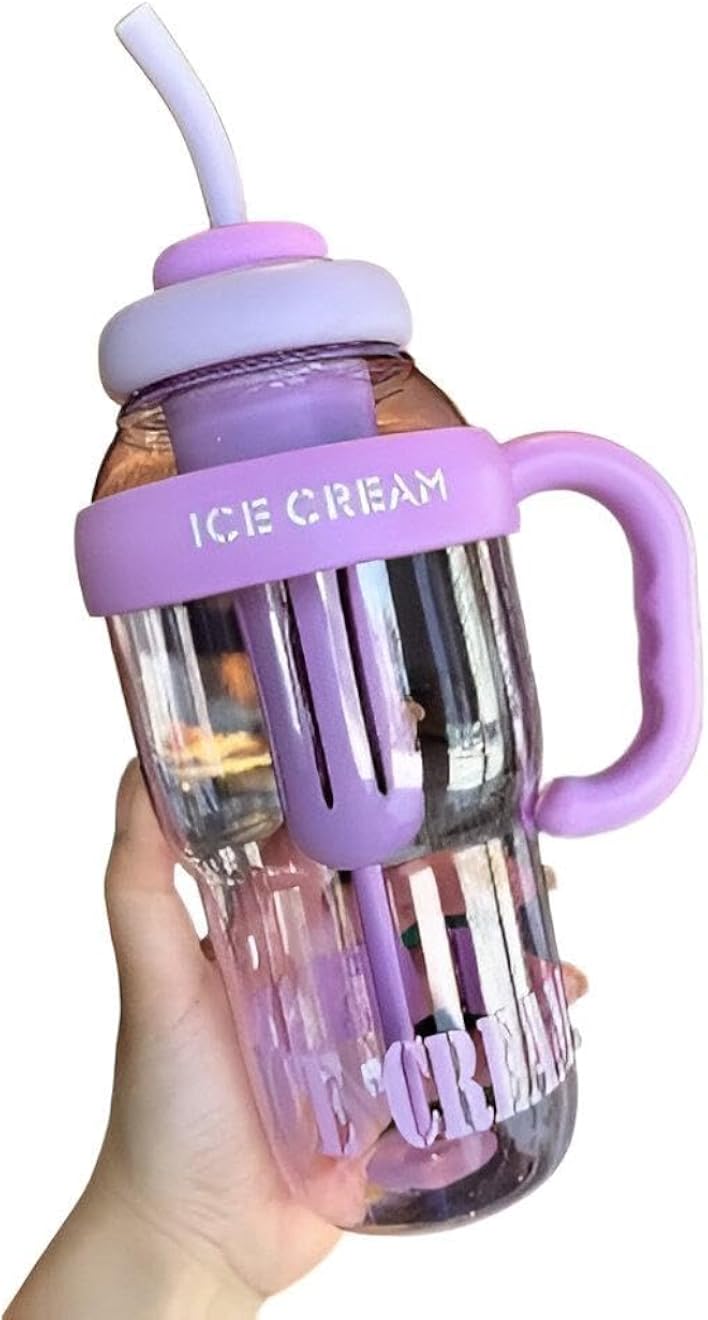 Ice Cream Water Bottle - Purple silicone grip with leak-proof design, built-in straw and ergonomic handle for effortless sipping on the go, perfect for kids and adults alike.