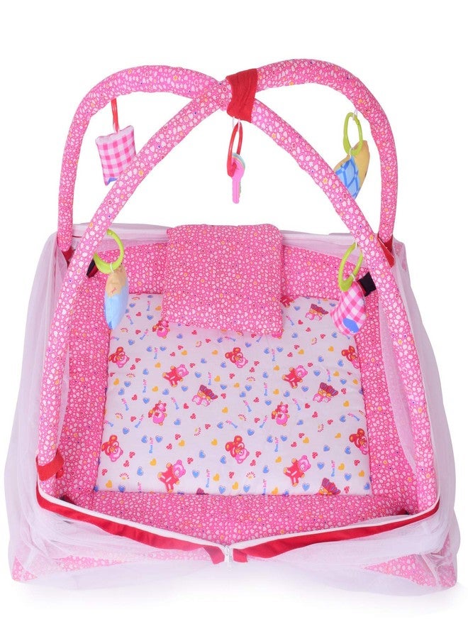 DearJoy Play Gym with Mosquito Net, Baby Play Mat with Hanging Toys, Foldable Micro Cotton Baby Gym Mat 65 x 65 x 70 cm (Pink Bunny Print) - Image 3