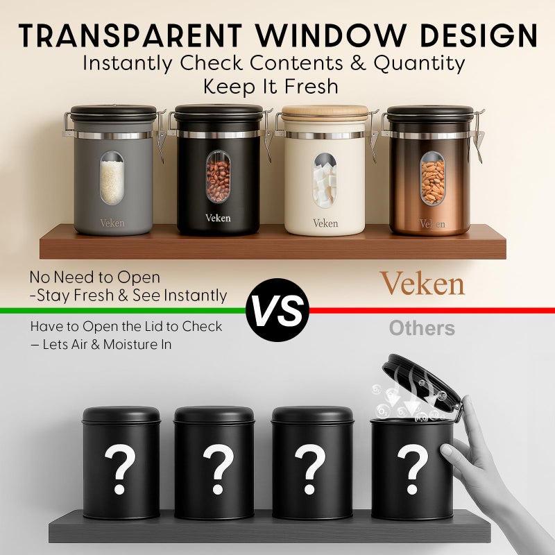 Veken Coffee Sugar Canister with Window, Easter Gifts Airtight Stainless Steel Container with Lids, Home Kitchen Food Storage Jars for Grounds, Beans, Tea, Flour, Cereal, Basket, Scoop, 22OZ, Cream - Image 3