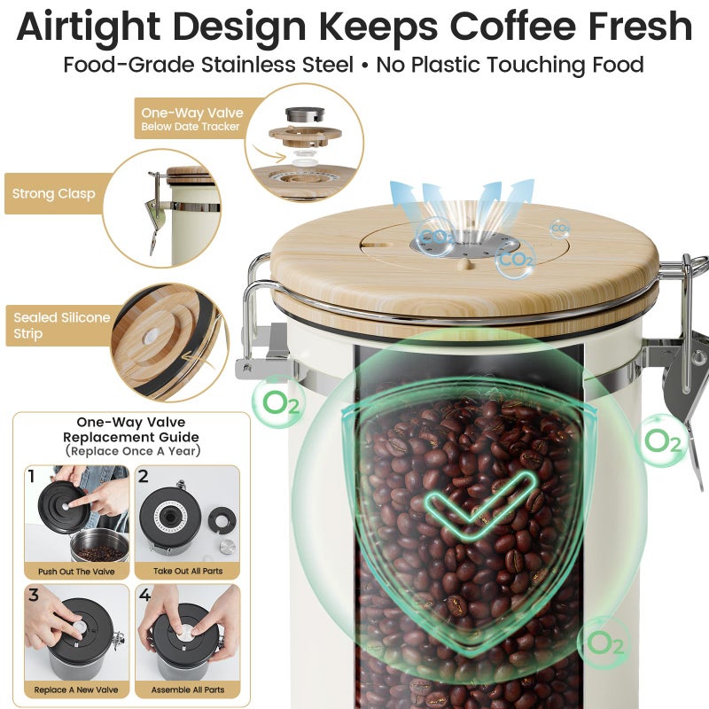 Veken Coffee Sugar Canister with Window, Easter Gifts Airtight Stainless Steel Container with Lids, Home Kitchen Food Storage Jars for Grounds, Beans, Tea, Flour, Cereal, Basket, Scoop, 22OZ, Cream - Image 4