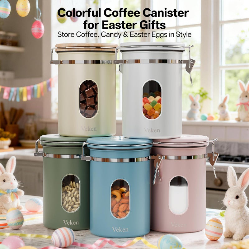 Veken Coffee Sugar Canister with Window, Easter Gifts Airtight Stainless Steel Container with Lids, Home Kitchen Food Storage Jars for Grounds, Beans, Tea, Flour, Cereal, Basket, Scoop, 22OZ, Cream - Image 2