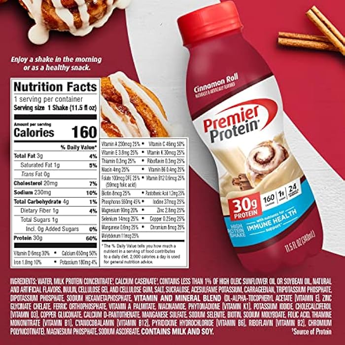 Premier Protein Shake, Cinnamon Roll, 30g Protein, No Added Sugar, 24 Vitamins & Minerals to Support Immune Health, 11.5 fl oz, 1 Pack (Packaging May Vary) - Image 2