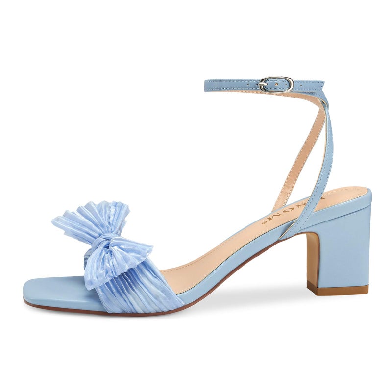 ISNOM Bow Heels for Women Ankle Buckle Strap Open Toe Block Chunky Heel Bride Wedding Party Fashion Bow Knot Heeled Sandals (Blue Size9) - Image 4