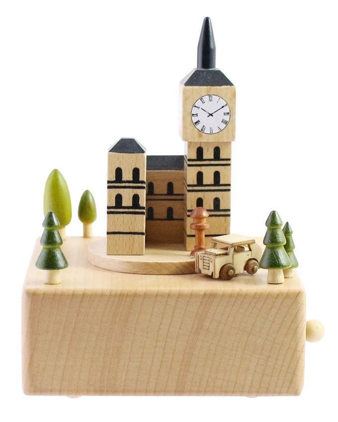 CUTE QUALITY MADE WOODEN MUSICAL BOX FEATURING LONDON BIG BEN WITH SMALL MOVING MAGNETIC CAR PLAYS CASTLE IN THE SKY SONG