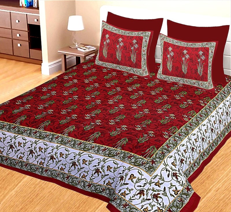 ABHACLOTHO 144 TC 100 Cotton Double Bed SizeQueen Size Bed Printed Flat Bedsheet with 2 Pillow Covers Pack of 1 Popularly Known as 90x100 Bed Sheet Double Bed Cotton  - Image 1