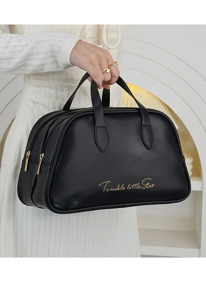 روزينو أنيقة وواسعة للماء المكياج منظم محمولة مزدوجة الطبقة مستحضرات التجميل السفر حقيبة مع بو جلد-أسود - Image 1