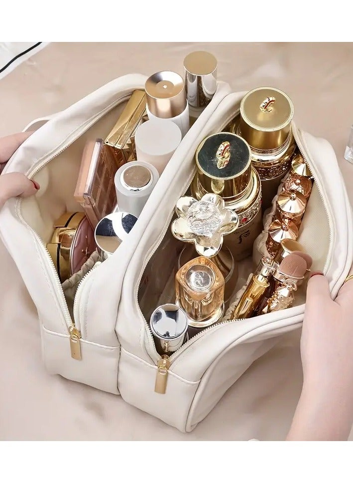 روزينو أنيقة وواسعة للماء المكياج منظم محمولة مزدوجة الطبقة مستحضرات التجميل السفر حقيبة مع بو جلد-أسود - Image 3