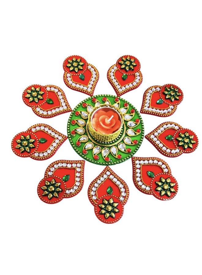 Moira® Rangoli with Diya 11 pcs Set (Red & Green) 10-11 inch reusable - Image 1