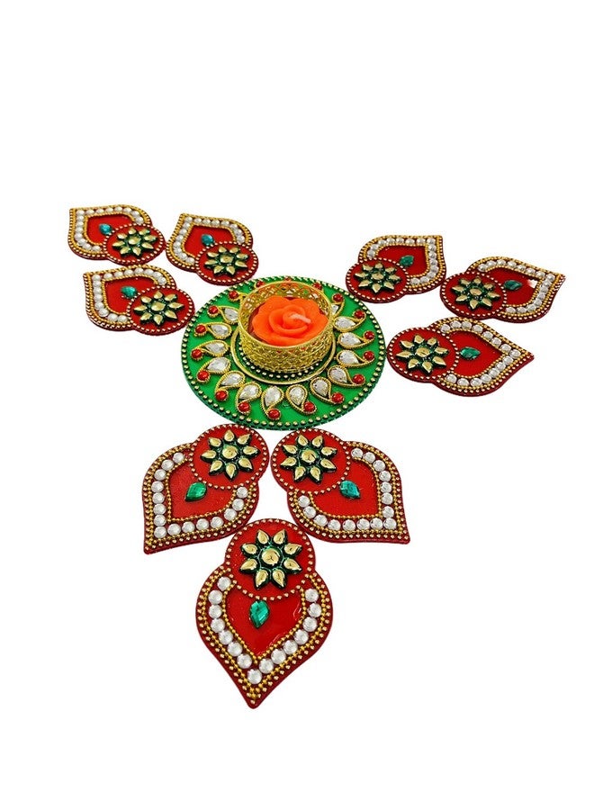 Moira® Rangoli with Diya 11 pcs Set (Red & Green) 10-11 inch reusable - Image 3