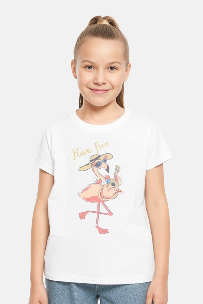 NAME IT Kids Girl Crew Neck Short Sleeve Graphic Print T Shirt, White - Image 1