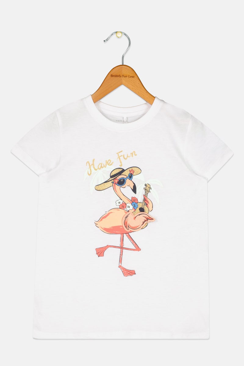 NAME IT Kids Girl Crew Neck Short Sleeve Graphic Print T Shirt, White - Image 2