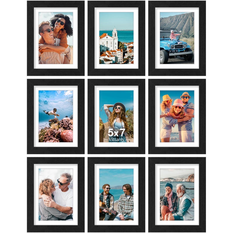 Vittanly 5x7 Picture Frames Set of 9 Shatter Resistant Plexiglass Display 4x6 Pictures with Mat or 5x7 without Mat Photo Frames for Wall or Tabletop Engineered Wood Black - Image 2