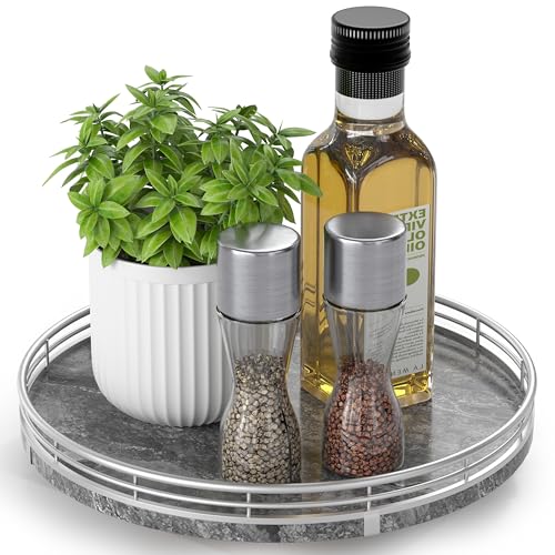 AMH Gray Marble Lazy Susan Turntable for Table Top 10 Round Marble Tray Organizer for Dining Table Kitchen Countertop Bar Luxury Stone Serving Tray with Silver Frame - Image 1
