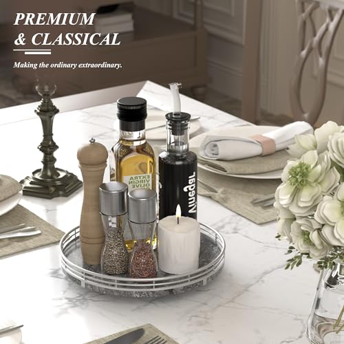 AMH Gray Marble Lazy Susan Turntable for Table Top 10 Round Marble Tray Organizer for Dining Table Kitchen Countertop Bar Luxury Stone Serving Tray with Silver Frame - Image 3